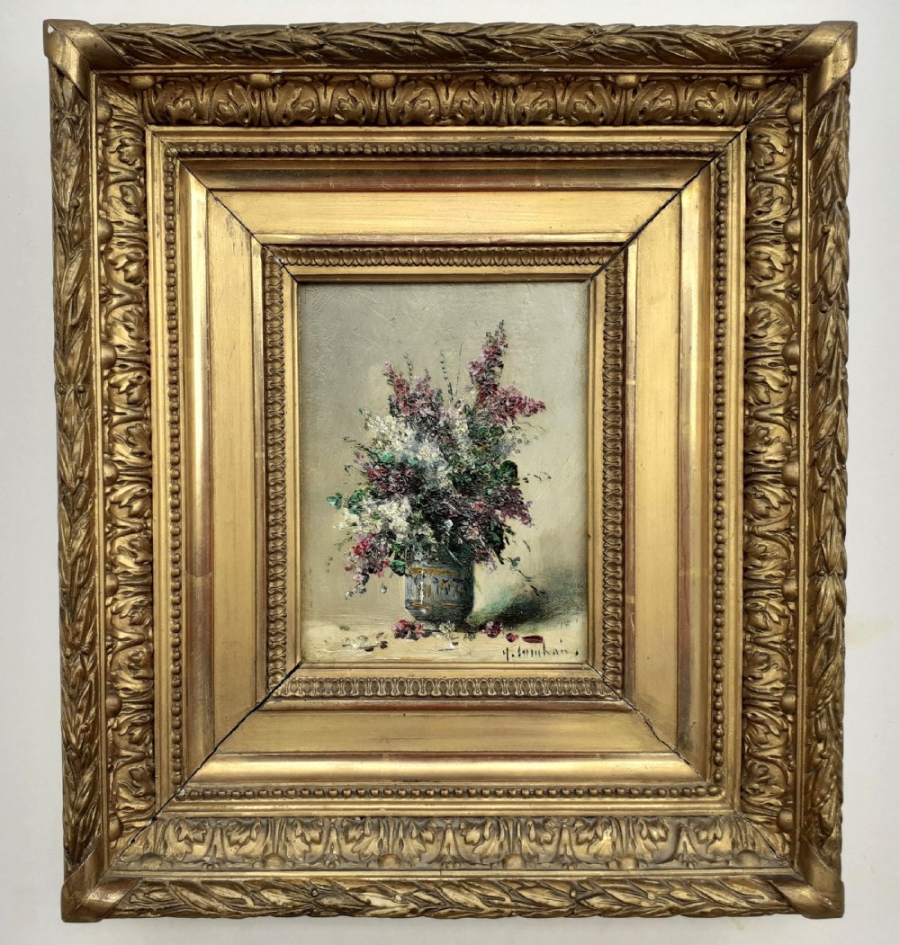Vibrant lilac flowers in bloom, 19th Century floral miniature masterpiece by French Henri Cauchois oil on panel View V