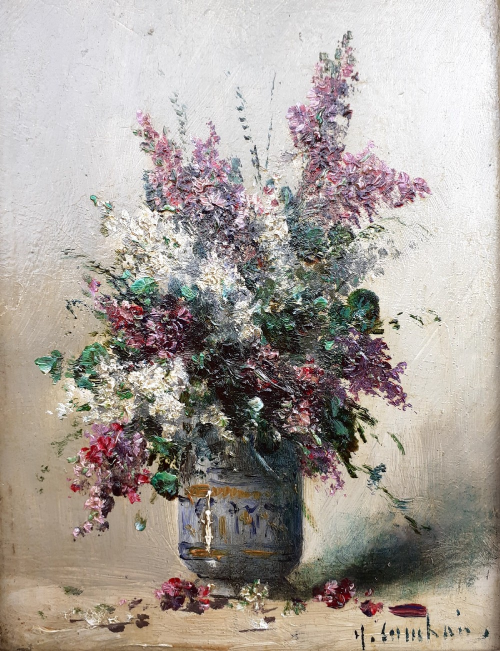 Vibrant lilac flowers in bloom, 19th Century floral miniature masterpiece by French Henri Cauchois oil on panel View II