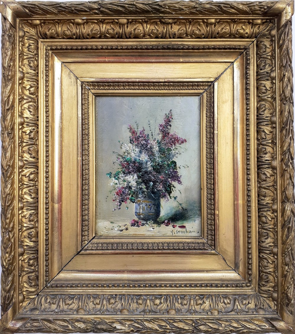 Vibrant lilac flowers in bloom, 19th Century floral miniature masterpiece by French Henri Cauchois oil on panel