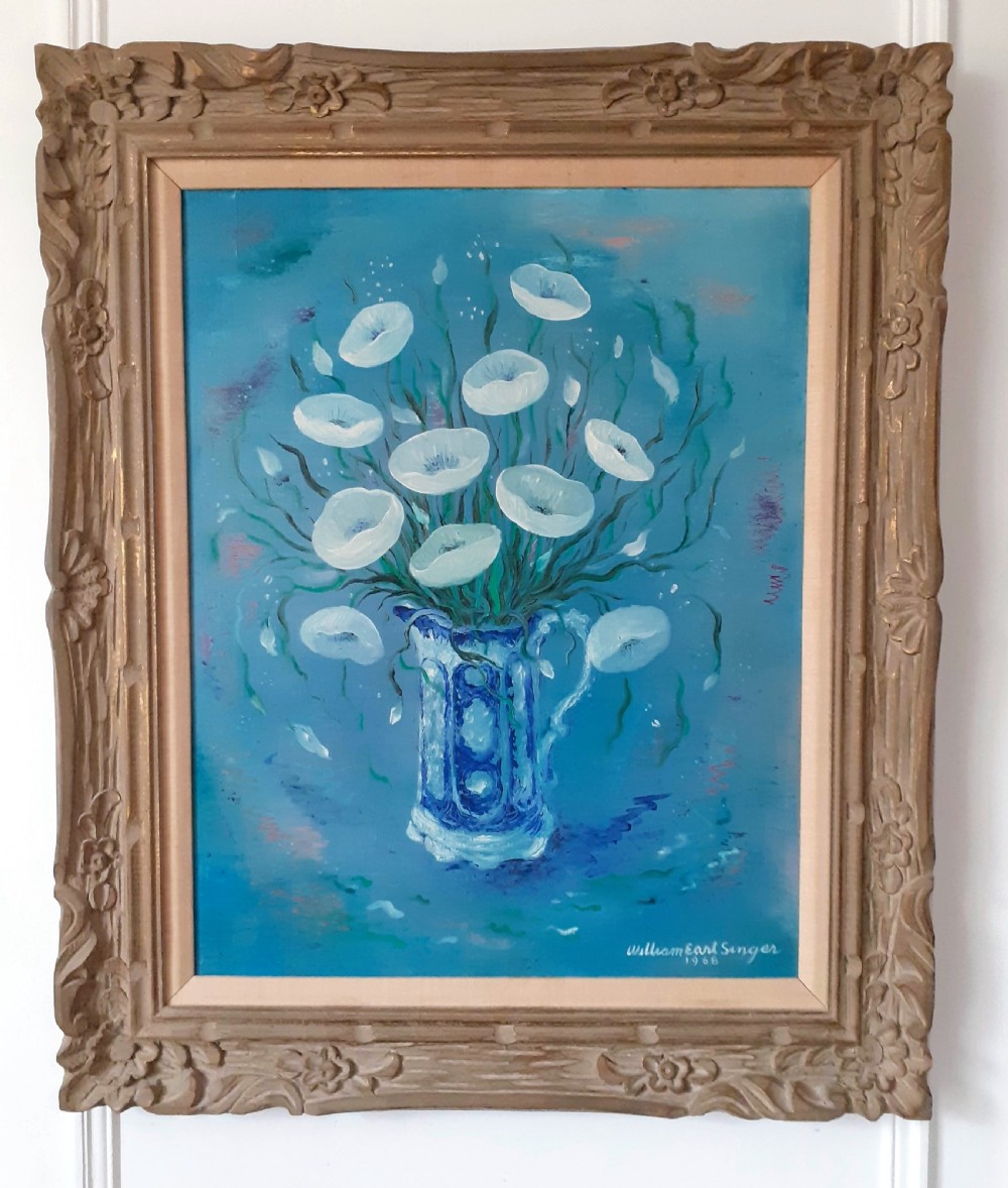 Large and joyous poetic still life stylised flowers in a vas floral still life American oil on canvas  View III