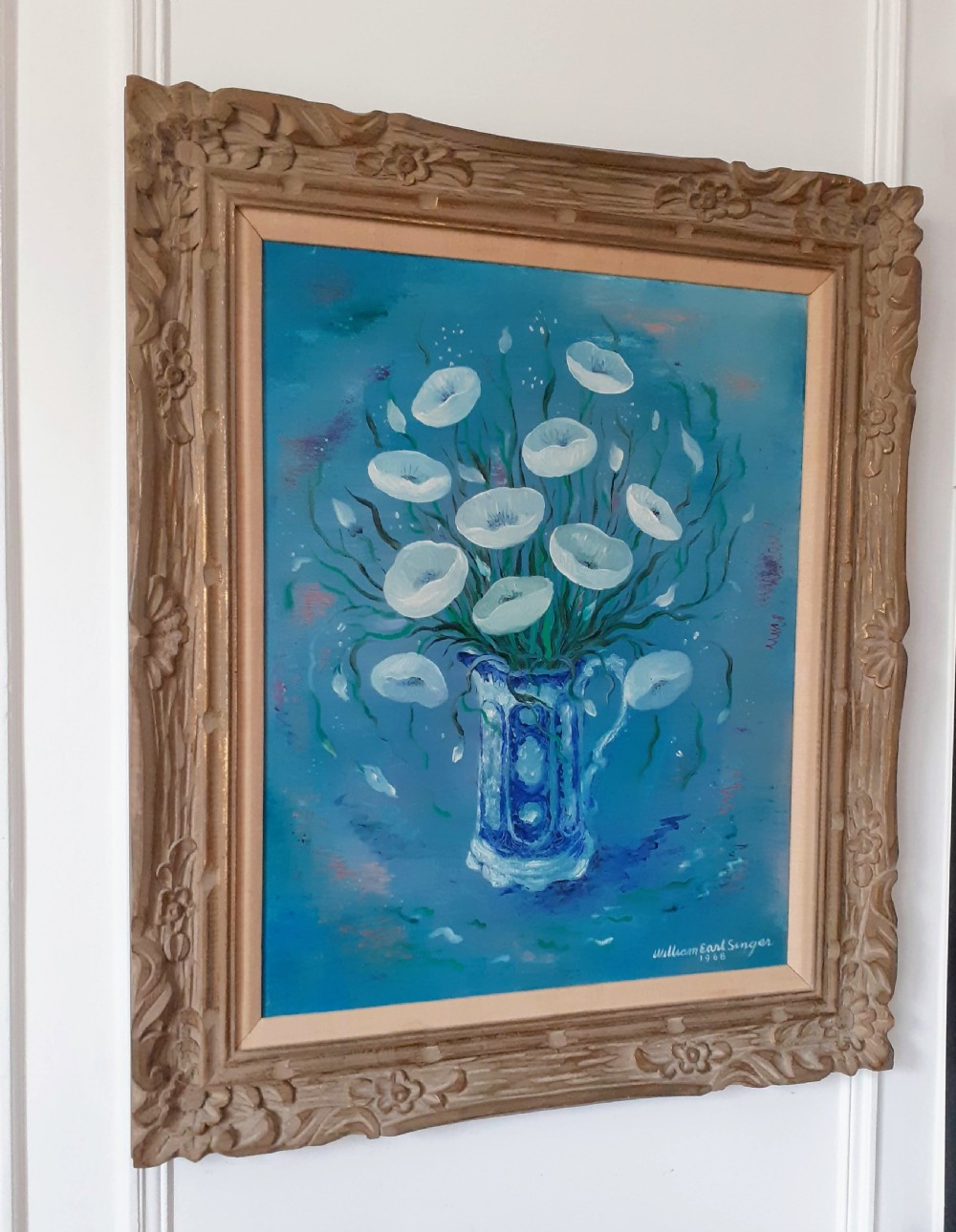 Large and joyous poetic still life stylised flowers in a vas floral still life American oil on canvas  View IV