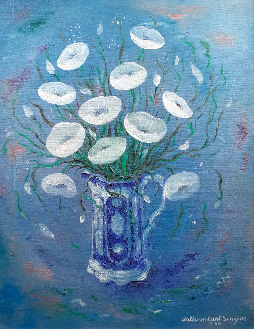 Large and joyous poetic still life stylised flowers in a vas floral still life American oil on canvas  View V