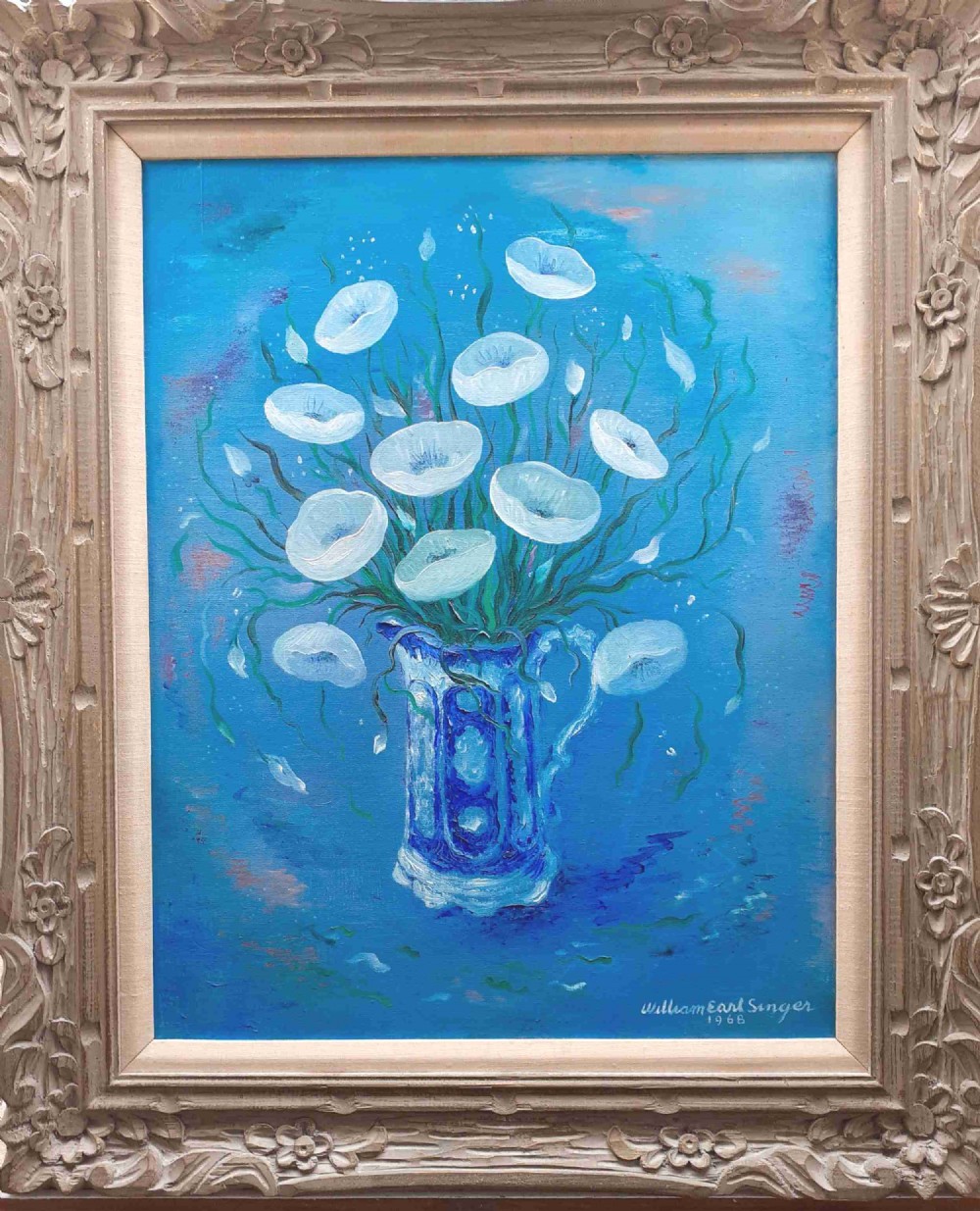 Large and joyous poetic still life stylised flowers in a vas floral still life American oil on canvas 