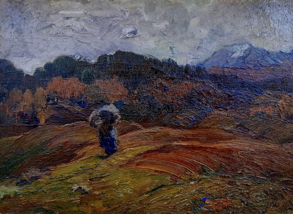 Impressionist mountain landscape with lone figure antique French oil on board