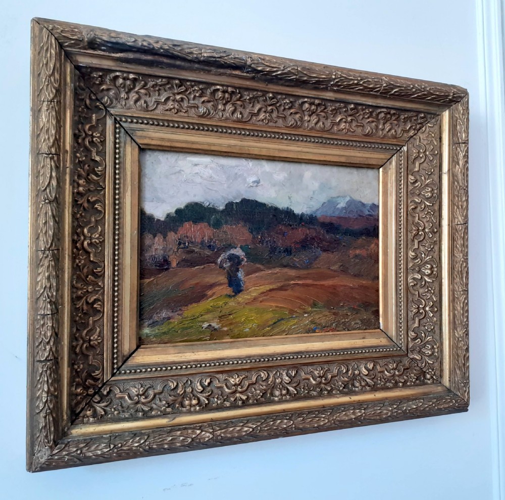 Impressionist mountain landscape with lone figure antique French oil on board View III