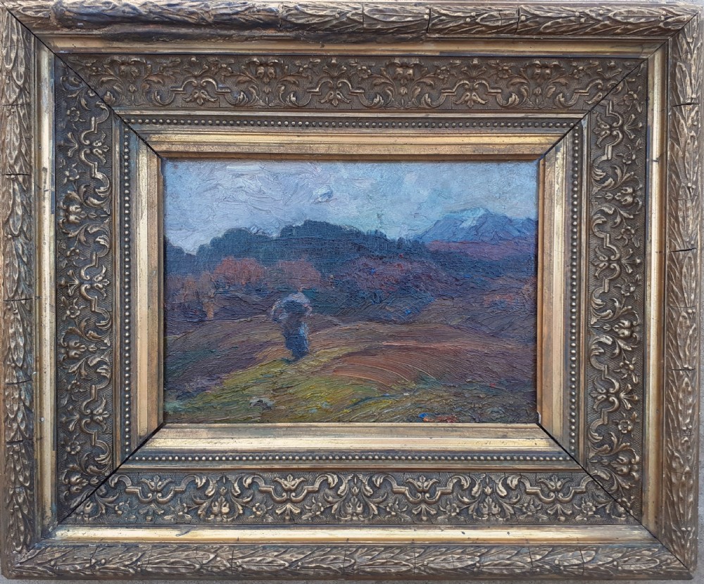 Impressionist mountain landscape with lone figure antique French oil on board View IV