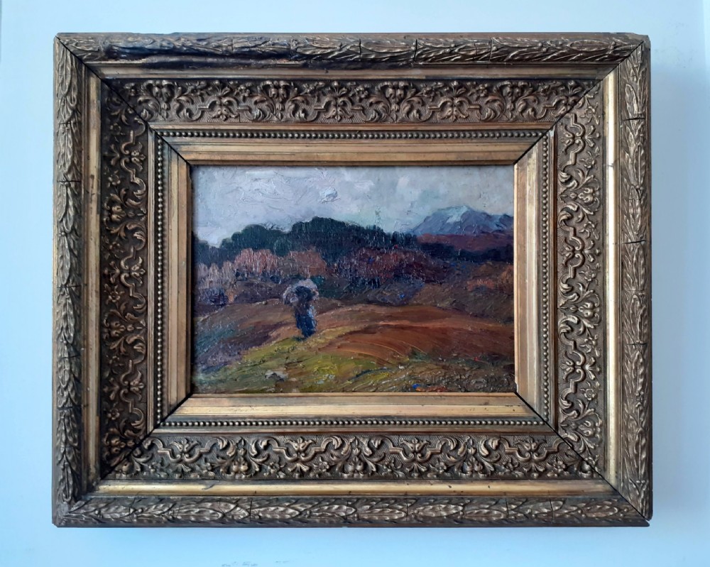Impressionist mountain landscape with lone figure antique French oil on board View V