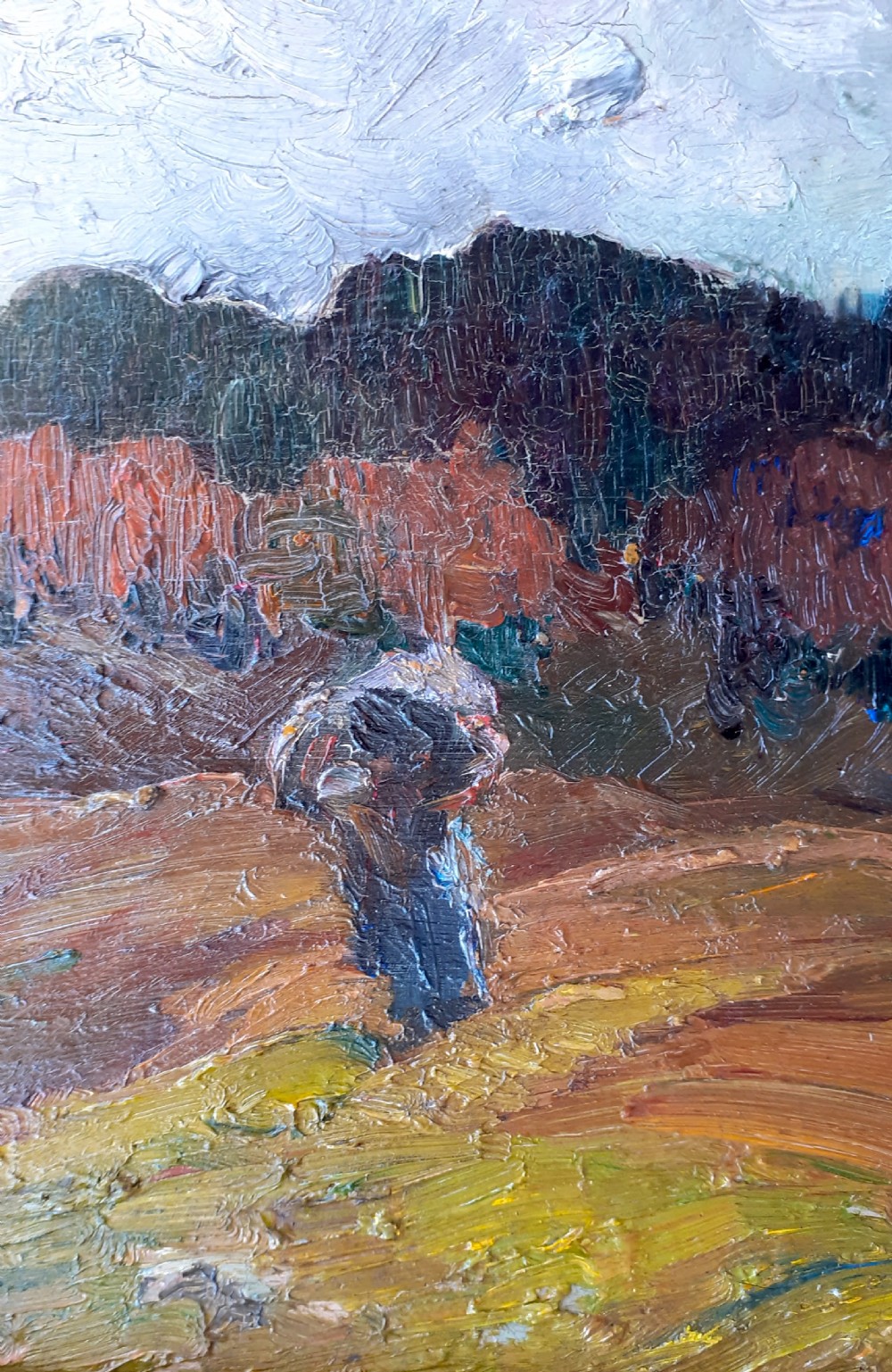 Impressionist mountain landscape with lone figure antique French oil on board View IX