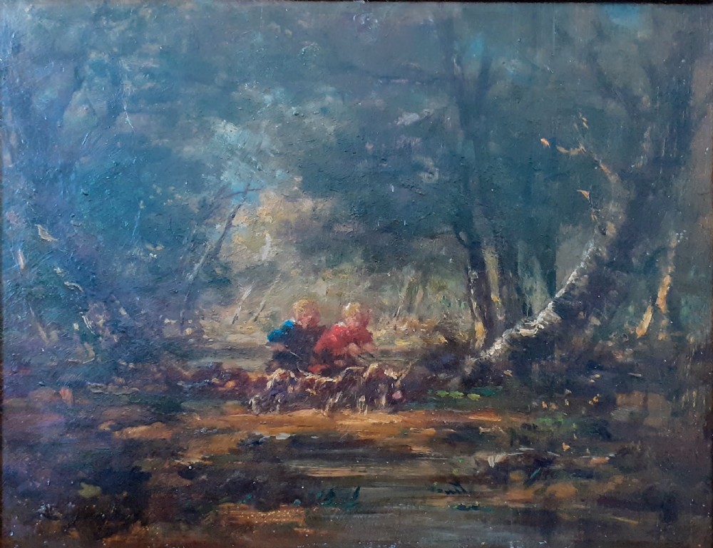 Babes in the Woods: Chiaroscuro French  Barbizon 19th Century oil on panel