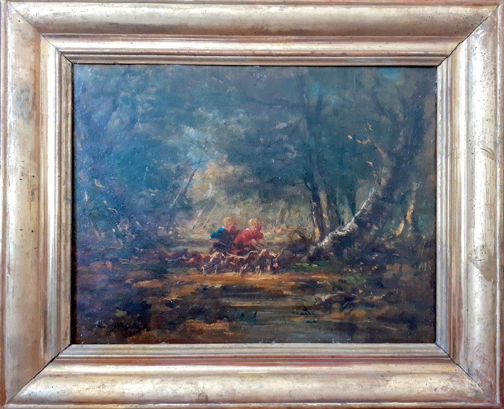 Babes in the Woods: Chiaroscuro French  Barbizon 19th Century oil on panel View II