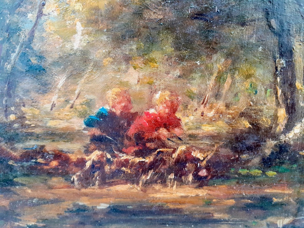 Babes in the Woods: Chiaroscuro French  Barbizon 19th Century oil on panel View V