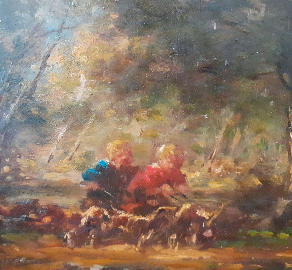 Babes in the Woods: Chiaroscuro French  Barbizon 19th Century oil on panel View VI