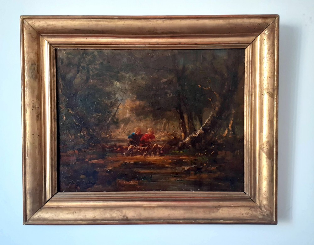 Babes in the Woods: Chiaroscuro French  Barbizon 19th Century oil on panel View VII