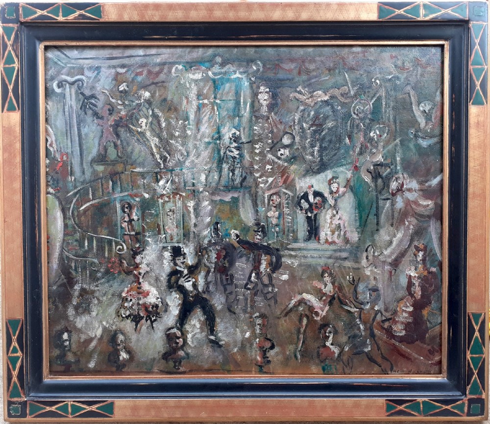 Danse macabre: skeletons and trapeze artists 1931 avant garde art deco period German expressionist oil on board
