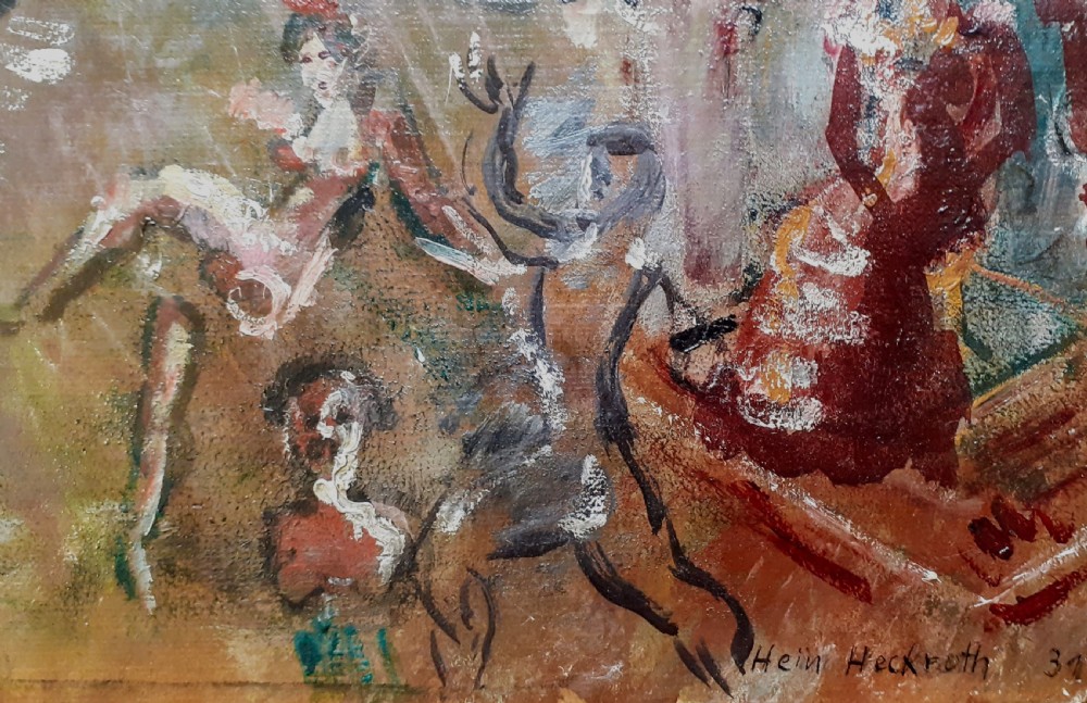 Danse macabre: skeletons and trapeze artists 1931 avant garde art deco period German expressionist oil on board View V