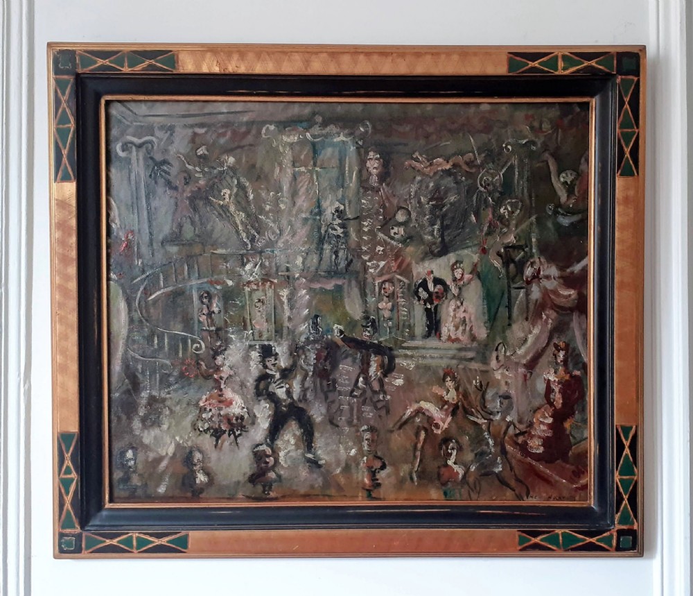 Danse macabre: skeletons and trapeze artists 1931 avant garde art deco period German expressionist oil on board View VI