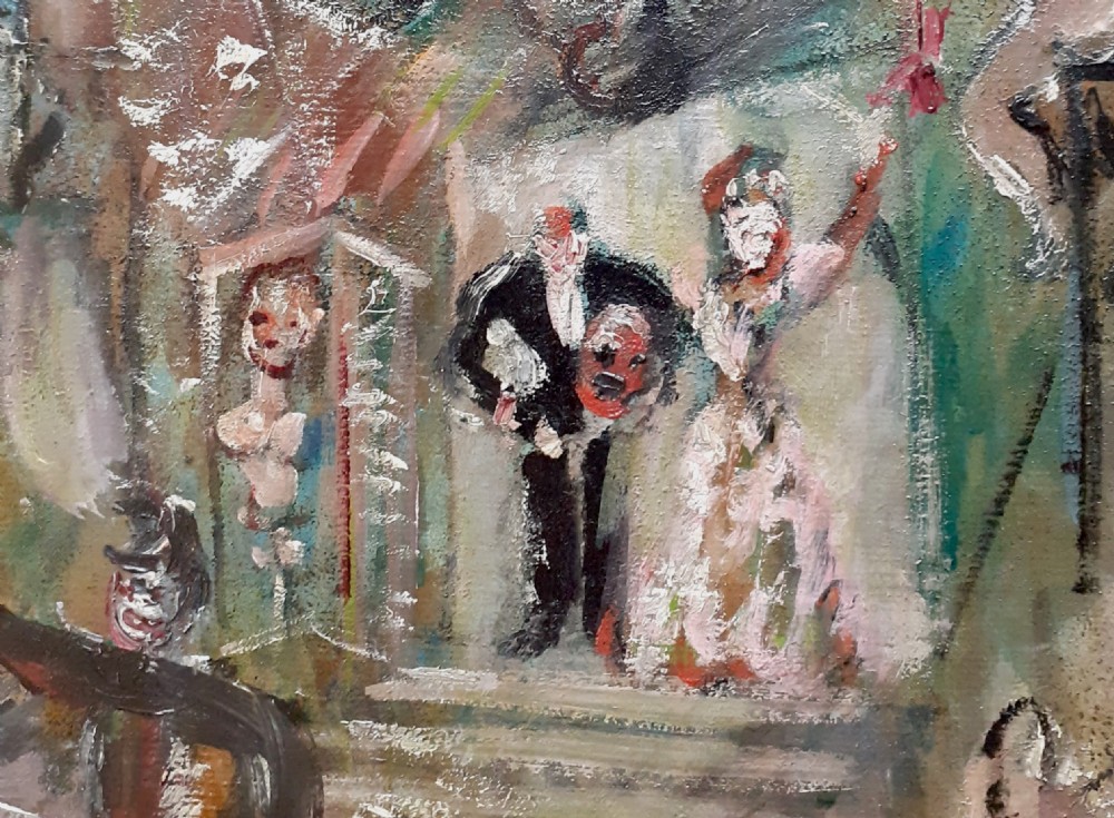 Danse macabre: skeletons and trapeze artists 1931 avant garde art deco period German expressionist oil on board View VII