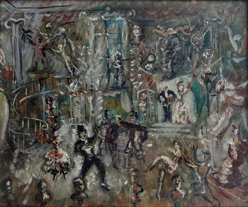 Danse macabre: skeletons and trapeze artists 1931 avant garde art deco period German expressionist oil on board View VIII