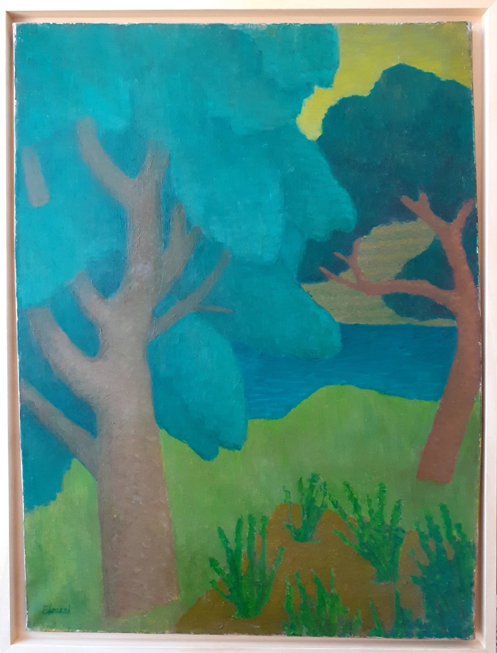 Synthesist colourist abstracted landscape, French antique oil on canvas 