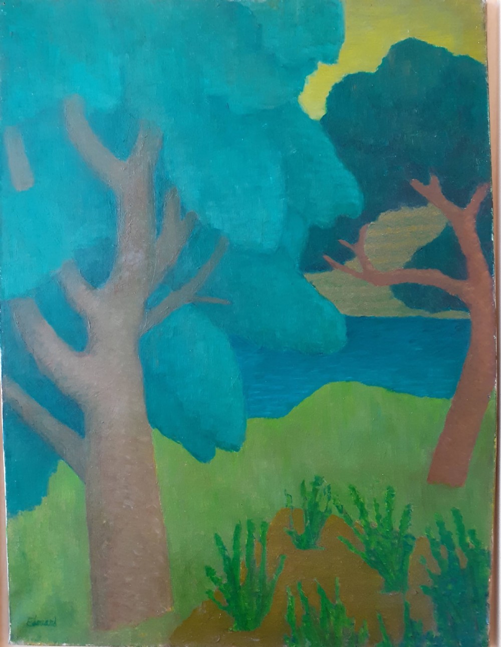 Synthesist colourist abstracted landscape, French antique oil on canvas  View II