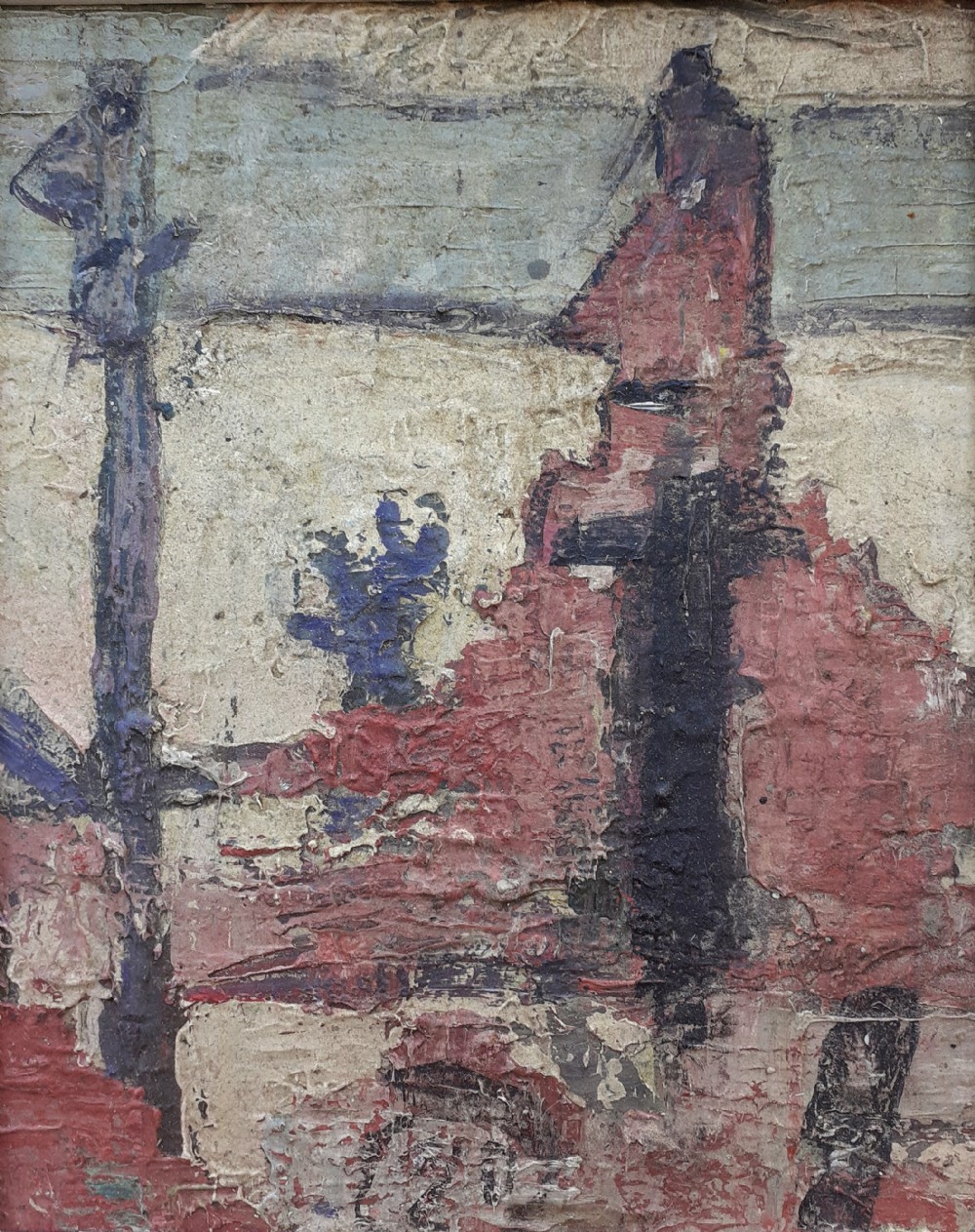 1950s Mysterious Modernist Abstracted Figures: Dubuffet style avant garde oil on board Easter Island Moai Statues 