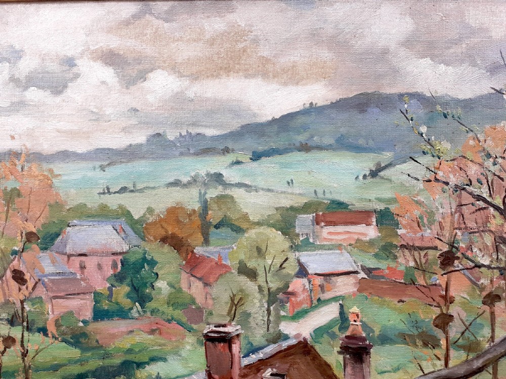 An oil painting depicting a French countryside village with terracotta roofed houses, spring blossom trees, and rolling hills under a cloudy sky. View II