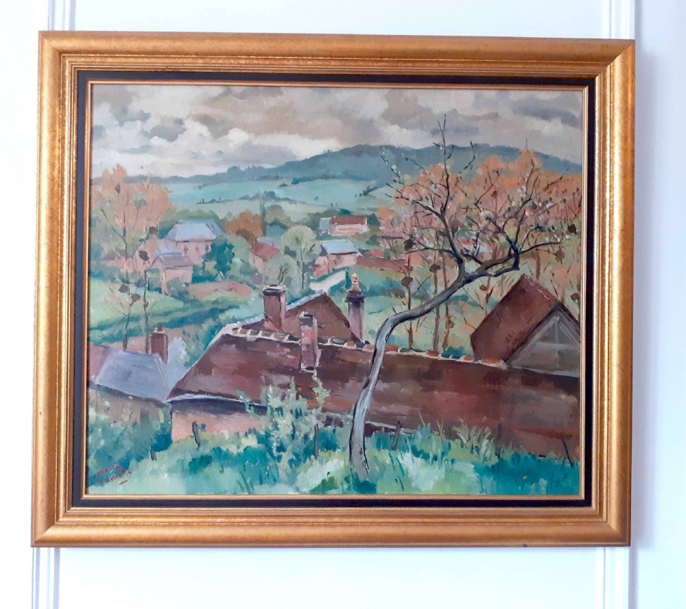 An oil painting depicting a French countryside village with terracotta roofed houses, spring blossom trees, and rolling hills under a cloudy sky. View III