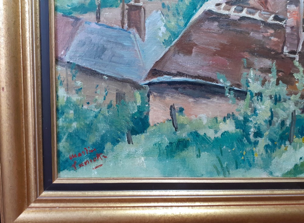 An oil painting depicting a French countryside village with terracotta roofed houses, spring blossom trees, and rolling hills under a cloudy sky. View IV