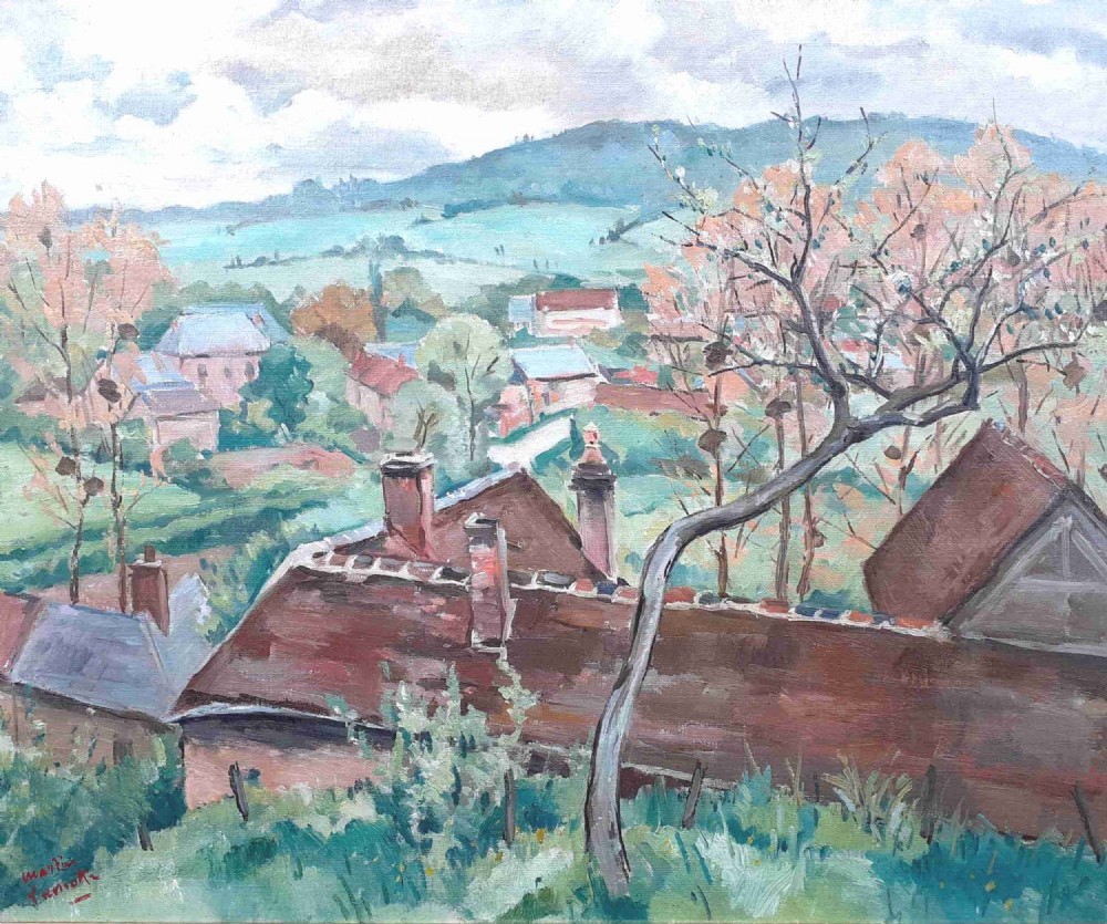An oil painting depicting a French countryside village with terracotta roofed houses, spring blossom trees, and rolling hills under a cloudy sky.