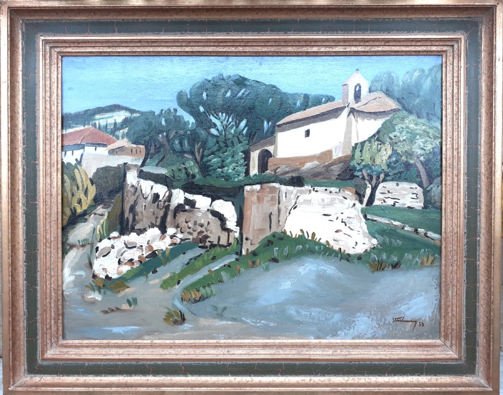 A mid-century oil painting on canvas depicting a Provencal landscape with a white chapel, craggy stone walls, olive trees, and a soft blue sky. View VII