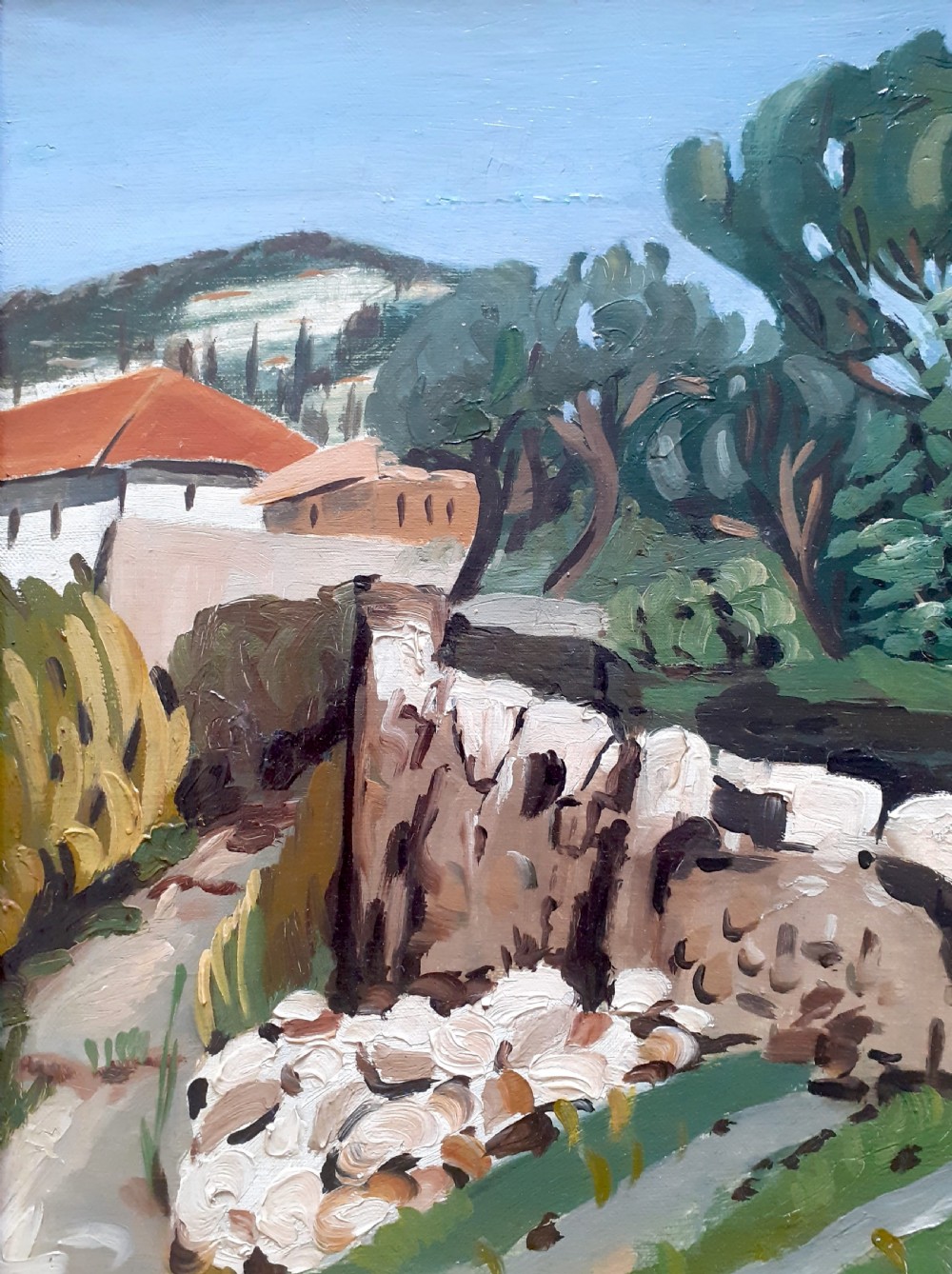 A mid-century oil painting on canvas depicting a Provencal landscape with a white chapel, craggy stone walls, olive trees, and a soft blue sky. View II