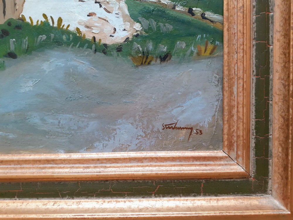 A mid-century oil painting on canvas depicting a Provencal landscape with a white chapel, craggy stone walls, olive trees, and a soft blue sky. View III
