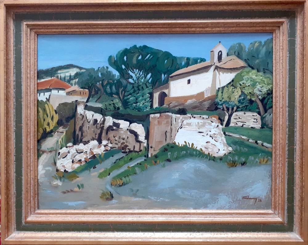 A mid-century oil painting on canvas depicting a Provencal landscape with a white chapel, craggy stone walls, olive trees, and a soft blue sky. View V