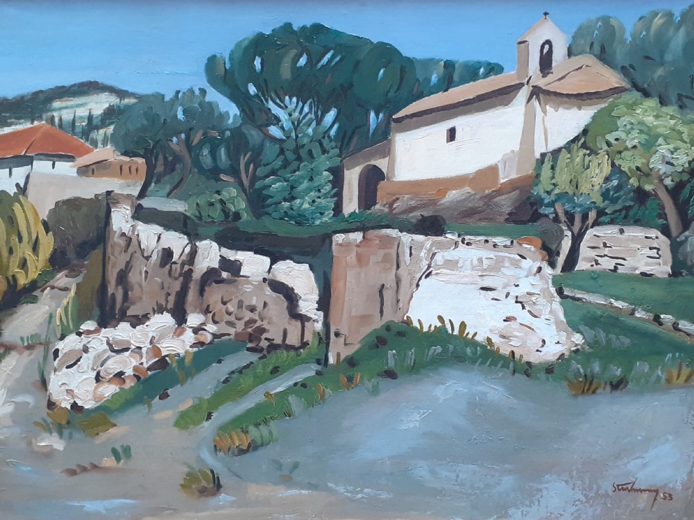 A mid-century oil painting on canvas depicting a Provencal landscape with a white chapel, craggy stone walls, olive trees, and a soft blue sky.