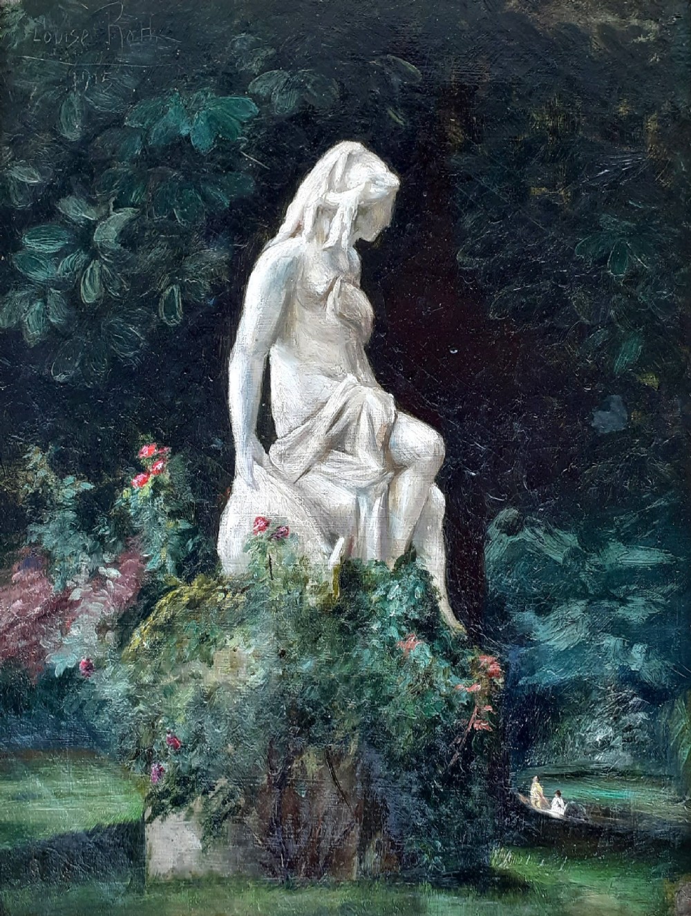 Goddess in the Park: art nouveau period landscaped garden with figures antique French oil on canvas