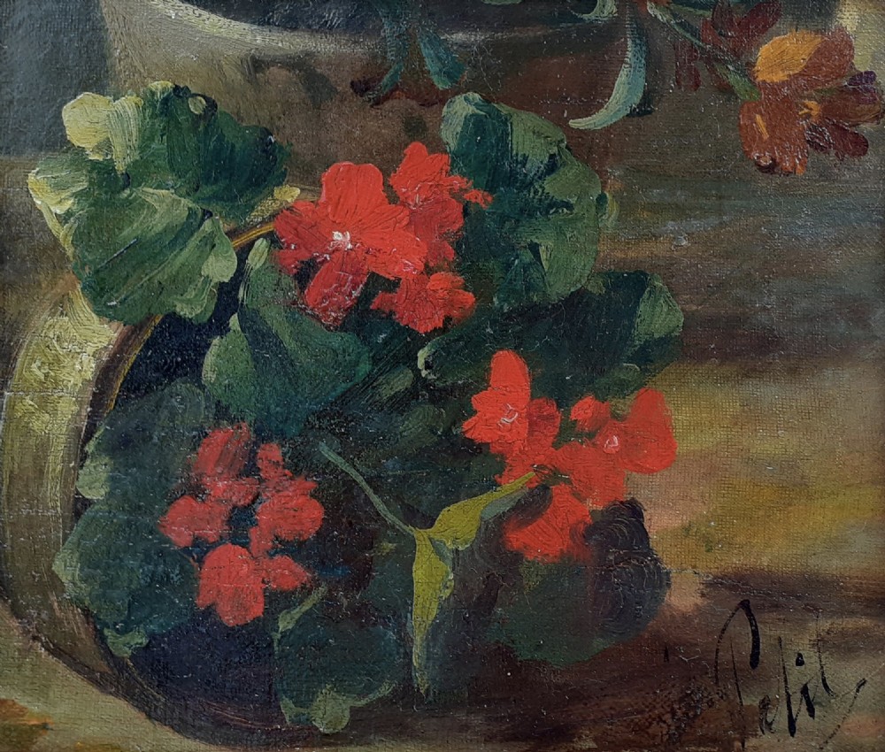 The toppled over geranium pot: garden flowers,  19th Century French floral still life oil study on board