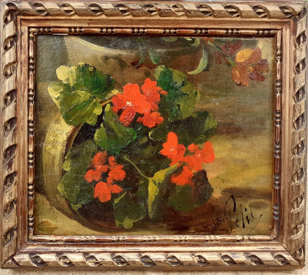 The toppled over geranium pot: garden flowers,  19th Century French floral still life oil study on board View III