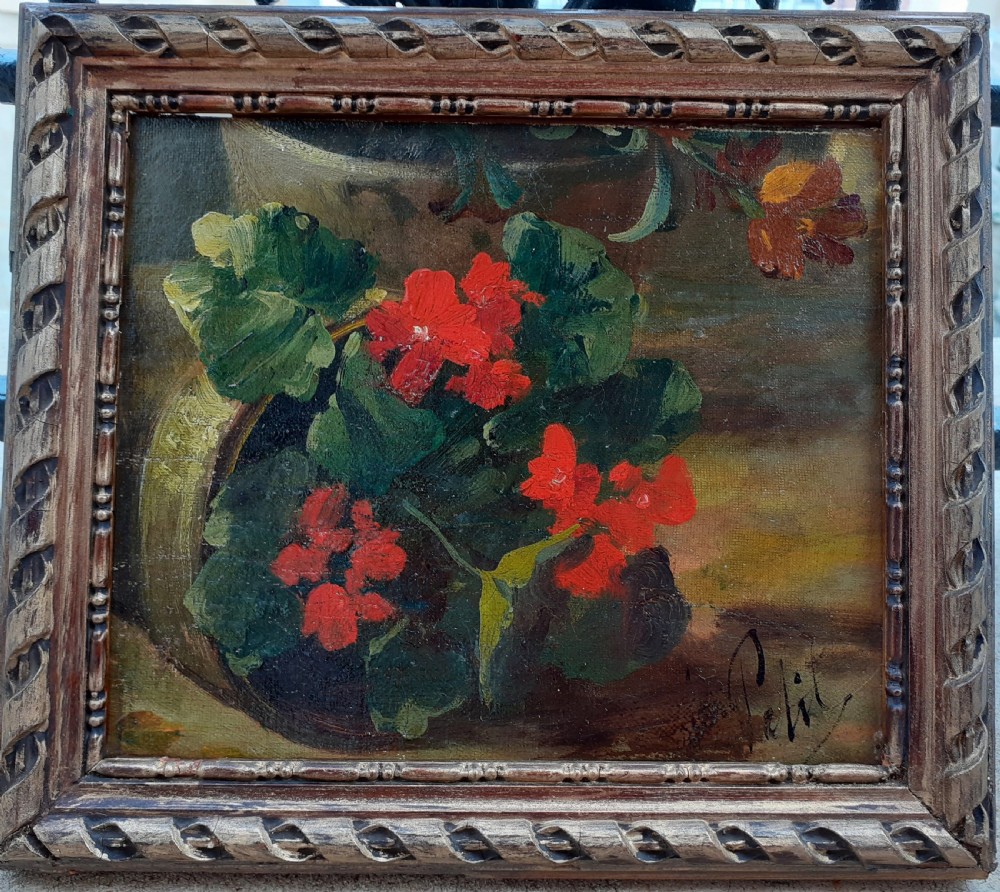 The toppled over geranium pot: garden flowers,  19th Century French floral still life oil study on board View IV