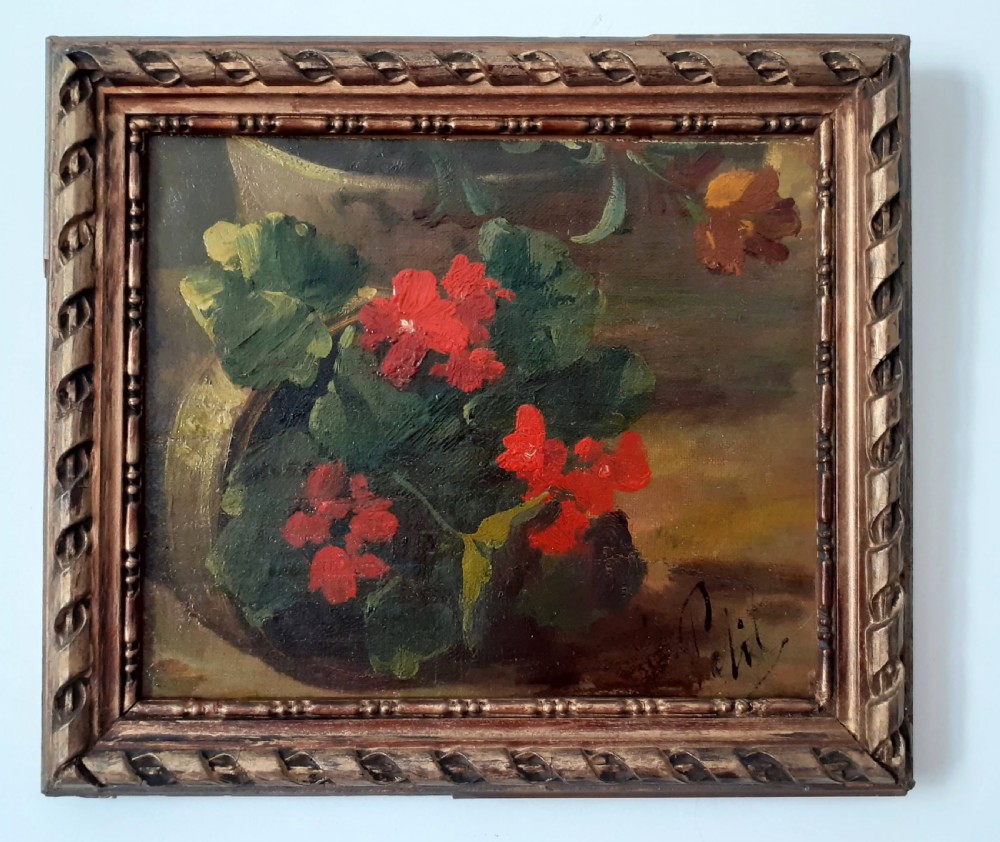 The toppled over geranium pot: garden flowers,  19th Century French floral still life oil study on board View V
