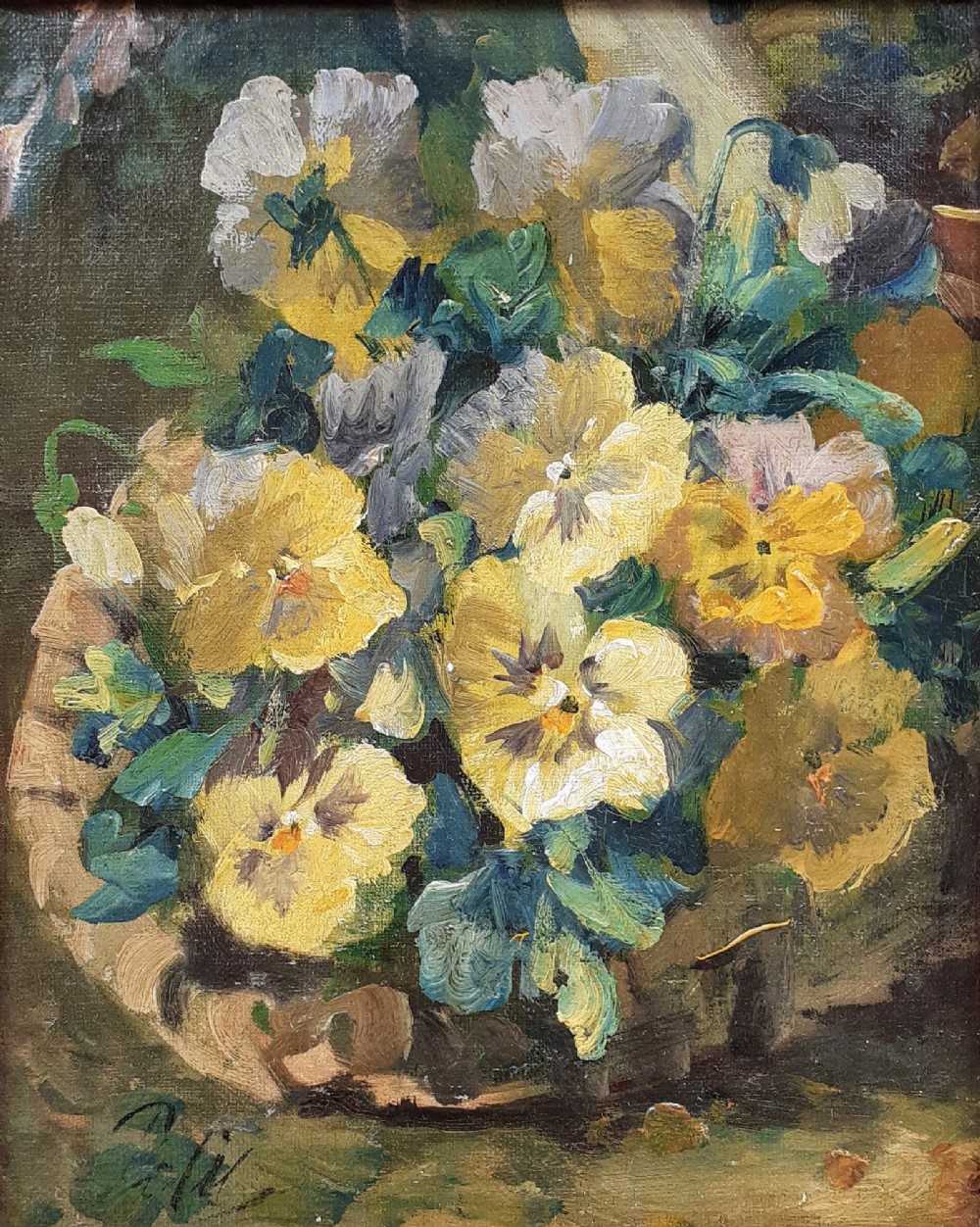 Humble pansies in a pot, cheerful garden flowers: 19th Century French floral still life oil on canvas 