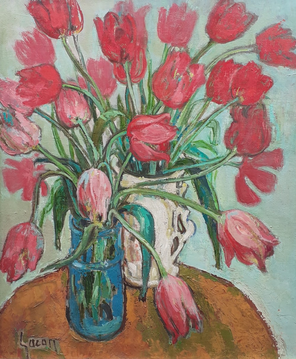 Exuberant Red Tulips strong French Woman artist's Floral Still Life oil on canvas