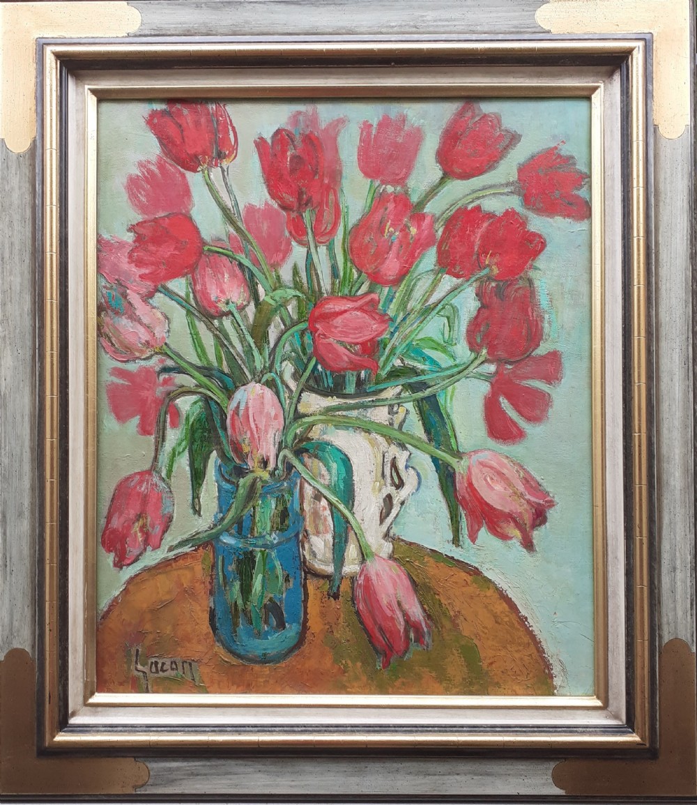 Exuberant Red Tulips strong French Woman artist's Floral Still Life oil on canvas View II