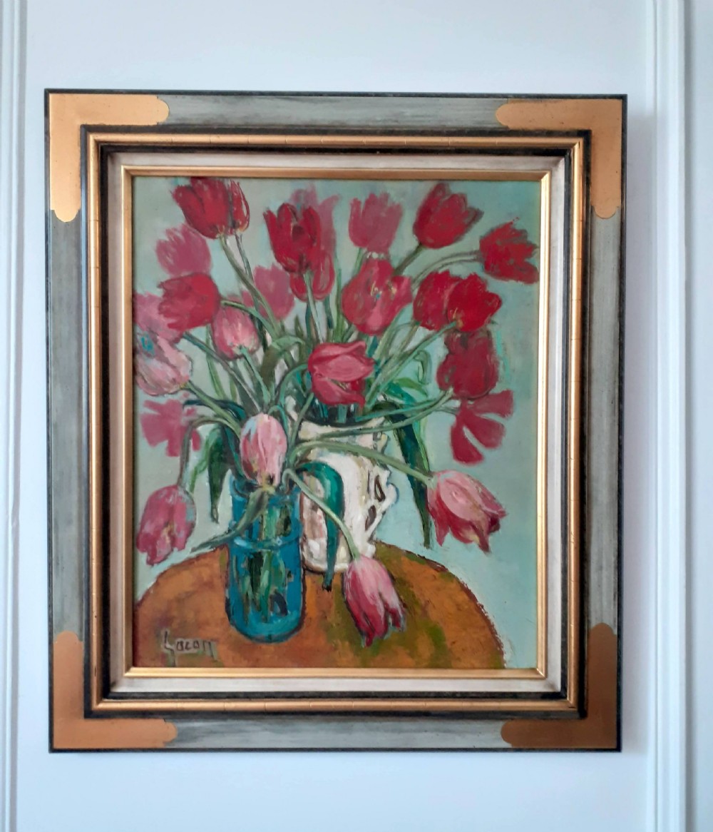 Exuberant Red Tulips strong French Woman artist's Floral Still Life oil on canvas View III