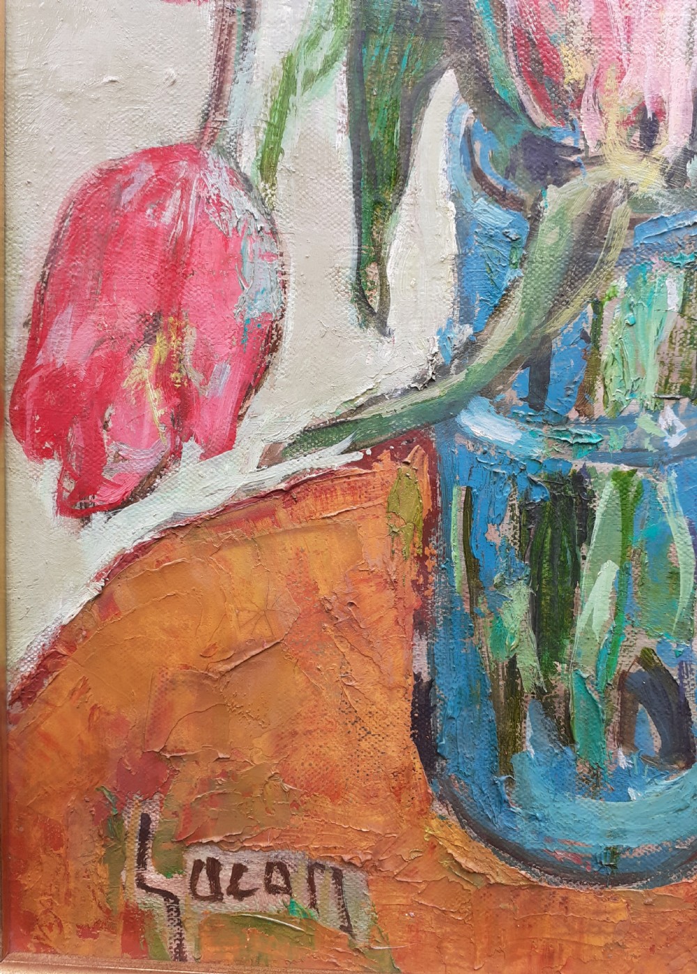 Exuberant Red Tulips strong French Woman artist's Floral Still Life oil on canvas View IV