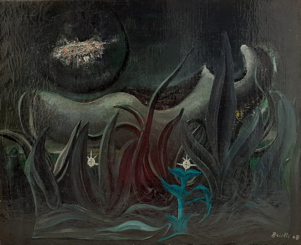 A dark surrealist oil painting featuring spiky green foliage in the foreground with an abstract organic form and a glowing sphere set against a black background.
