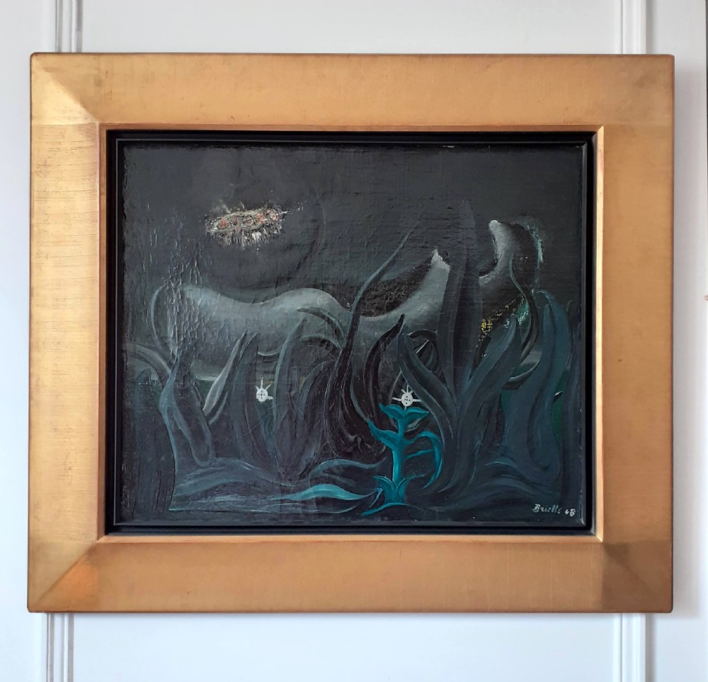 A dark surrealist oil painting featuring spiky green foliage in the foreground with an abstract organic form and a glowing sphere set against a black background. View II