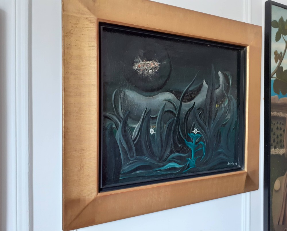 A dark surrealist oil painting featuring spiky green foliage in the foreground with an abstract organic form and a glowing sphere set against a black background. View V