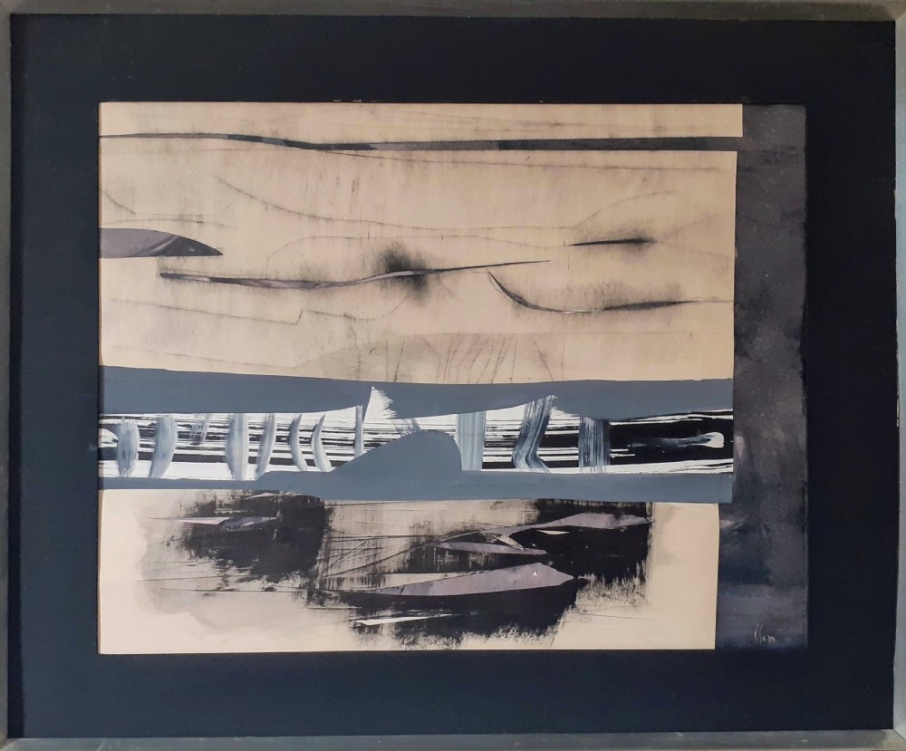 Abstracted boats, 1968 Scandinavian modernist landscape mixed media sea scape painting on paper