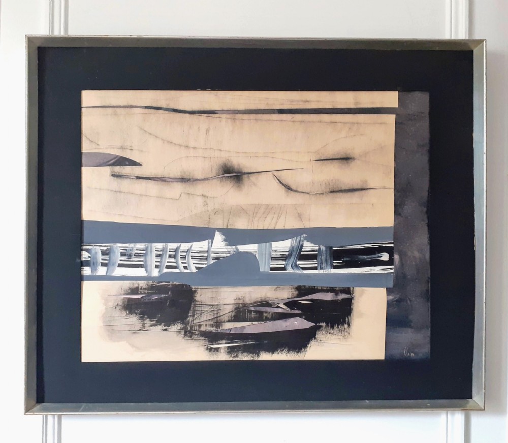 Abstracted boats, 1968 Scandinavian modernist landscape mixed media sea scape painting on paper View II
