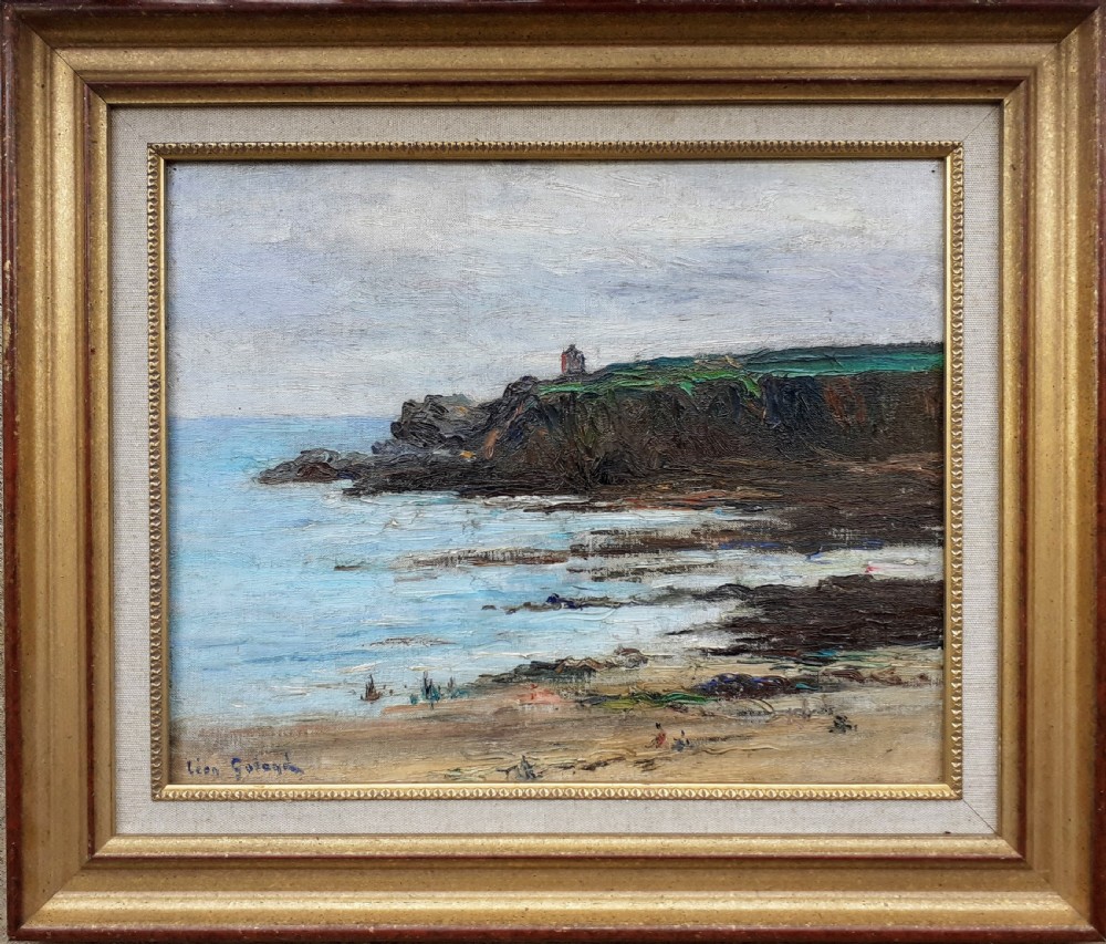 A framed oil painting depicting a French coastal seascape with dark cliffs, blue water, and a small lighthouse on a grassy hilltop under an overcast sky.